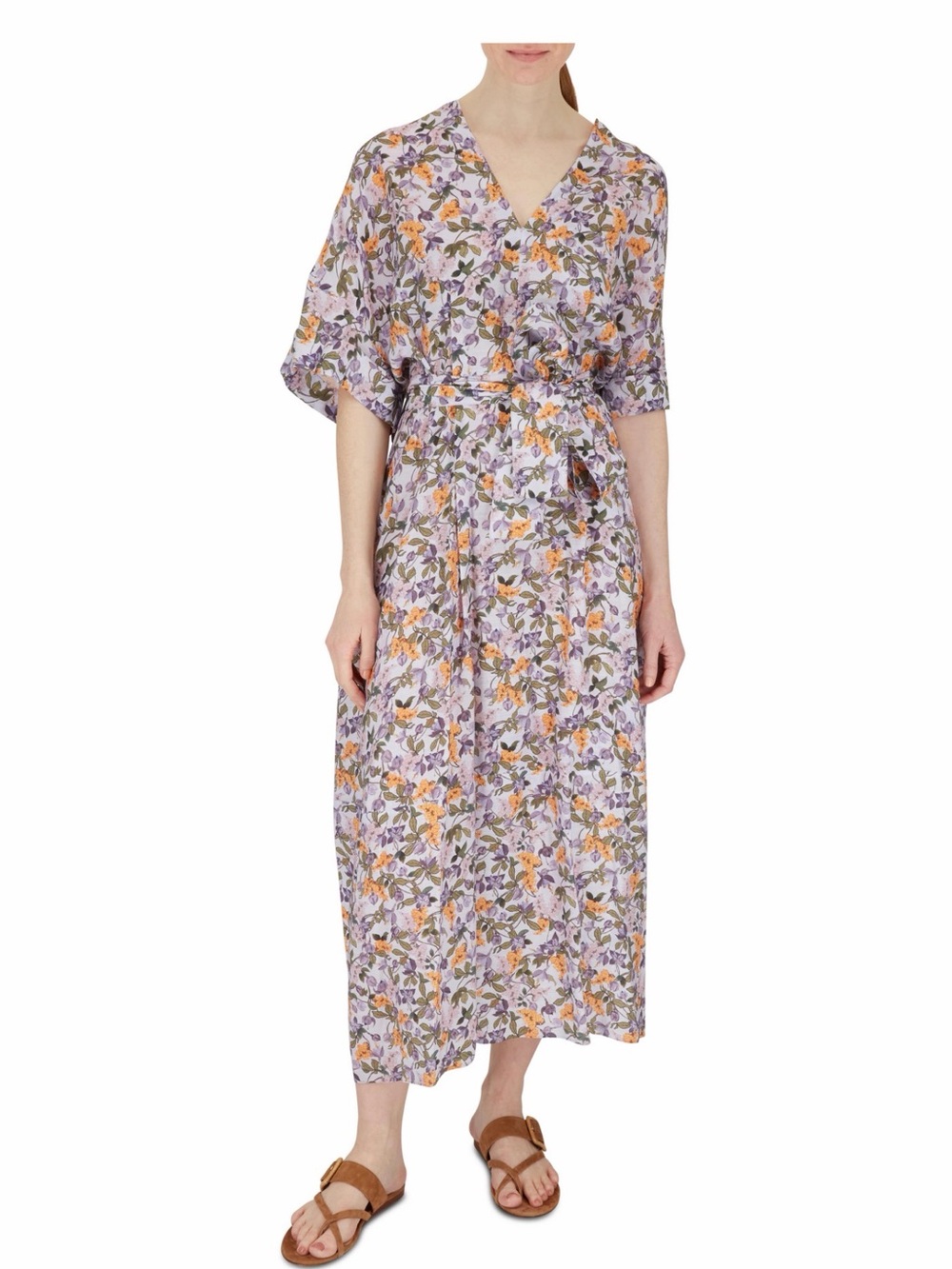 Vince Violetta Wisteria Vine Cuffed Sleeve V-Neck Dress